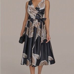 Donna Karan Black and Cream Floral Midi Dress